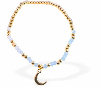 BR62 - Stretch Bracelet With Light Blue and Golden Mix Beads and Golden Moon Charm