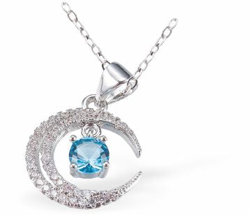 C018 - Silver Coloured Pave Crystal Moon Necklace with Turquoise Drop