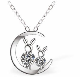 C020 - Silver Coloured Moon Necklace with Crystal Embellished Bunnies