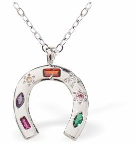 C037 - Silver Coloured Horse Shoe Necklace Decorated with Rainbow Crystals