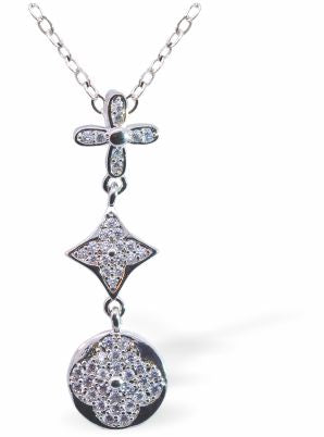 C043 - Silver Coloured Pave Crystal LV Triple Drop Necklace with Cross