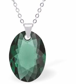 Austrian Crystal Multi Faceted Oval Elliptic Necklace Emerald Green in Colour 16mm in size Choice of 18" Stainless Steel or Sterling Silver Chain Hypo allergenic: Free from Lead, Nickel and Cadmium See matching earrings EL60