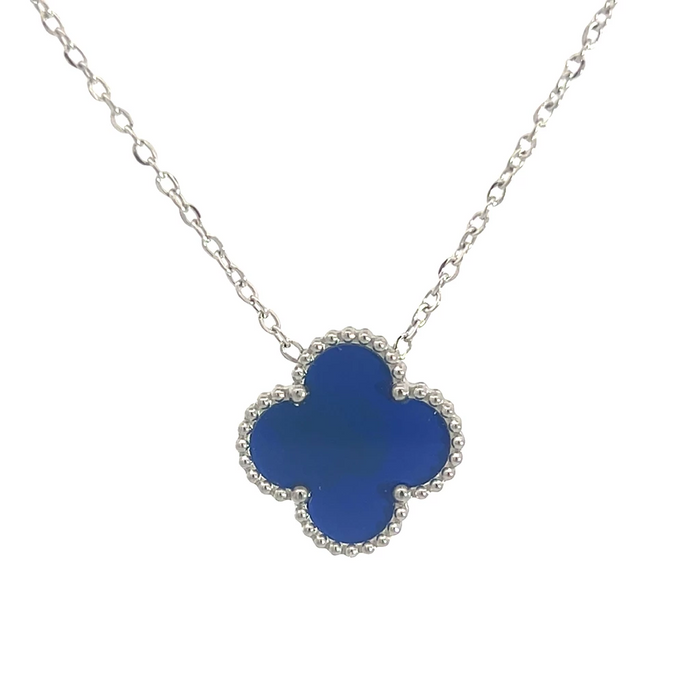 MP62 - Blue Four Leaf Clover Pendant Necklace, Silver Coloured