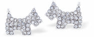 A pair of rhodium-plated stud earrings in the shape of Scotty dogs, encrusted with clear crystals.