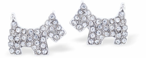 A pair of rhodium-plated stud earrings in the shape of Scotty dogs, encrusted with clear crystals.