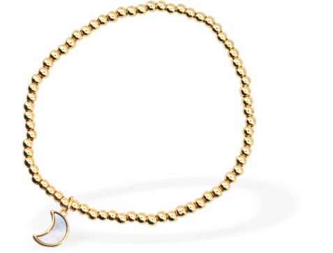 Stretch Charm Bracelet with Golden Coloured Beads, Rhodium Plated
Moon Charm
6cm diameter, stretch&nbsp;
Nickel, Lead and Cadmium Free, Hypoallergenic
Delivered in a soft, black, velveteen pouch