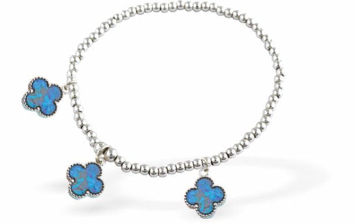 Stretch Charm Bracelet, Rhodium Plated
3 Paua Shell Clover Charms
6cm diameter, stretch&nbsp;
Nickel, Lead and Cadmium Free, Hypoallergenic
Delivered in a soft, black, velveteen pouch