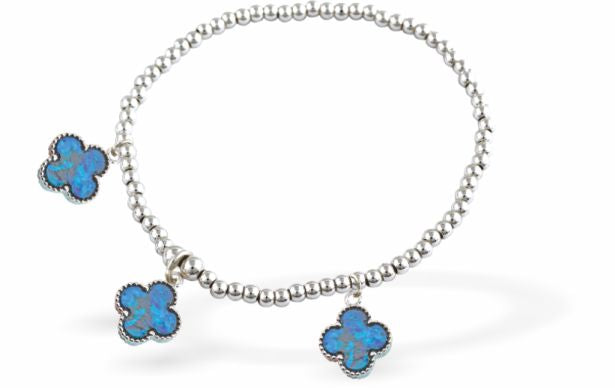 Stretch Charm Bracelet, Rhodium Plated
3 Paua Shell Clover Charms
6cm diameter, stretch&nbsp;
Nickel, Lead and Cadmium Free, Hypoallergenic
Delivered in a soft, black, velveteen pouch