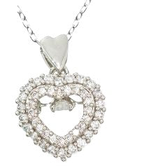 Silver Coloured Pave Crystal Love Heart with Dancing Crystal  Necklace, Rhodium Plated