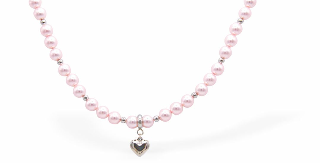 CP183 - Embellished with Pearls by Swarovski® String of Pearls and Crystal Necklace in Rosaline Pink, Heart Drop