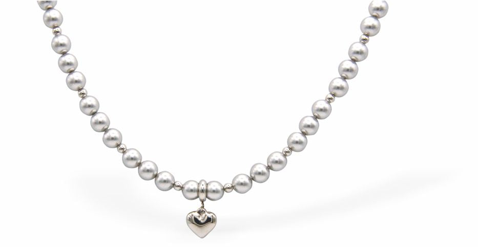 CP186 - Embellished with Pearls by Swarovski® String of Pearls and Crystal Necklace in Light Grey with Heart Drop