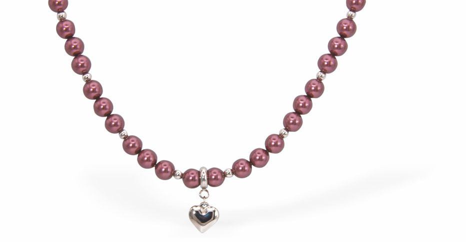 CP189 - Embellished with Pearls by Swarovski® String of Pearls and Crystal Necklace in Burgundy Red with Heart Drop