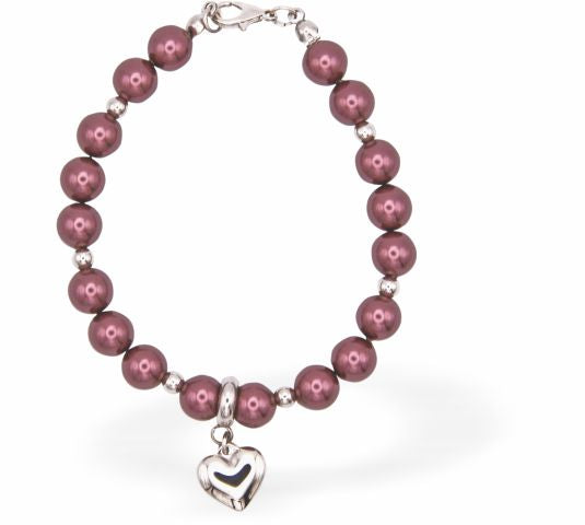 CP190 - Embellished with Pearls by Swarovski® String of Pearls and Crystal Bracelet in Burgundy Red with Heart Drop