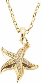 Golden Coloured Starfish with Crystal Embellishment Necklace
18mm, Rhodium Plated

18" Chain, Golden Chain and Frame
Hypoallergenic: Nickel, Lead and Cadmium free
Delivered in a soft, black, velveteen pouch