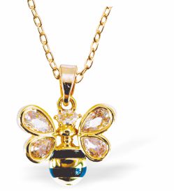 Golden Coloured Bee with Crystal Wings Necklace
15mm, Rhodium Plated

18" Chain, Golden Chain and Frame
Hypoallergenic: Nickel, Lead and Cadmium free
Delivered in a soft, black, velveteen pouch