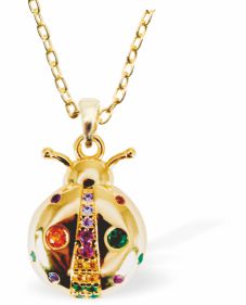 Golden Coloured Ladybird Necklace
15mm, Rhodium Plated

18" Chain, Golden Chain and Frame
Hypoallergenic: Nickel, Lead and Cadmium free
Delivered in a soft, black, velveteen pouch