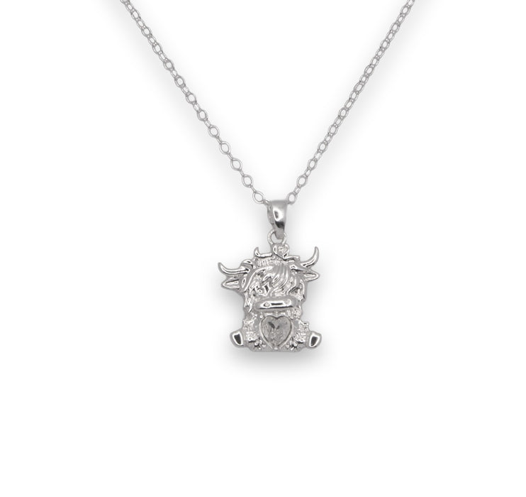HC50 - Silver Coloured Bonnie the Long Horn Highland Cow Necklace with a choice of chains