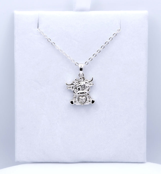 HC50 - Silver Coloured Bonnie the Long Horn Highland Cow Necklace with a choice of chains