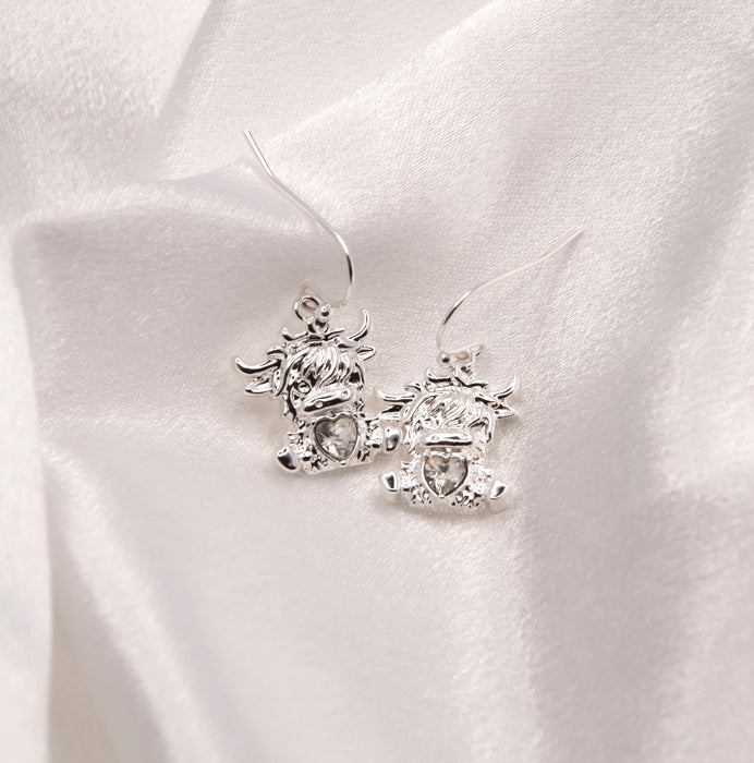HC51 - Silver Coloured Bonnie the Long Horn Highland Cow Drop Earrings, Rhodium Plated