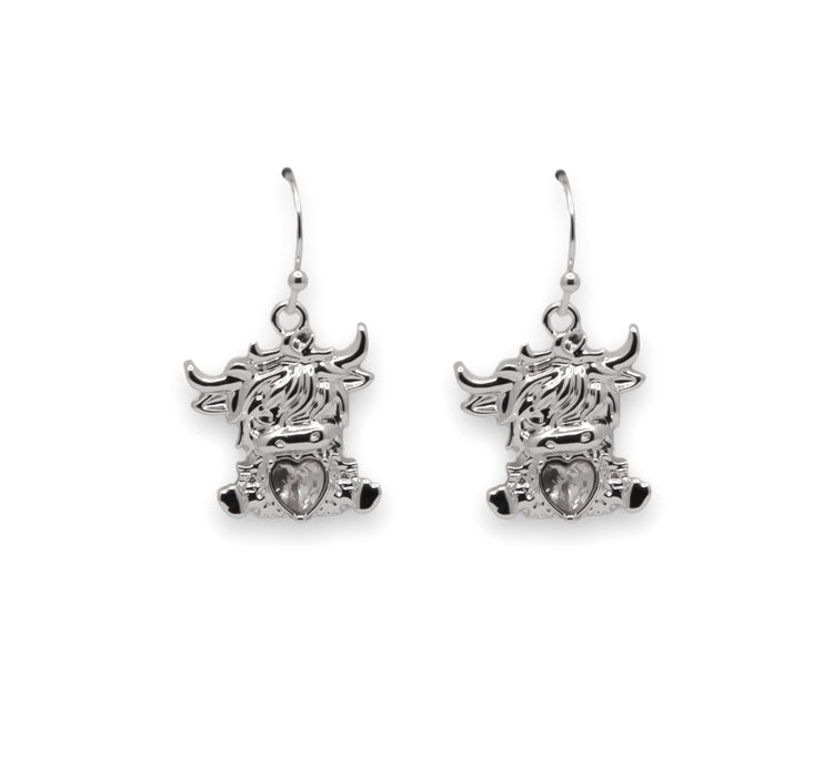 HC51 - Silver Coloured Bonnie the Long Horn Highland Cow Drop Earrings, Rhodium Plated