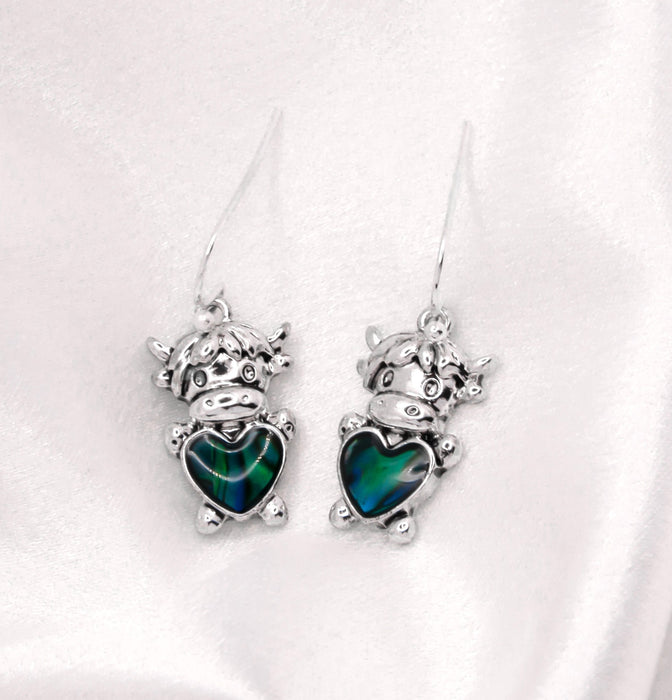 HC54 - Silver Coloured Bessie the Long Horn Highland Cow Drop Earrings, Rhodium Plated