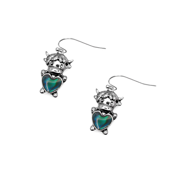 HC54 - Silver Coloured Bessie the Long Horn Highland Cow Drop Earrings, Rhodium Plated