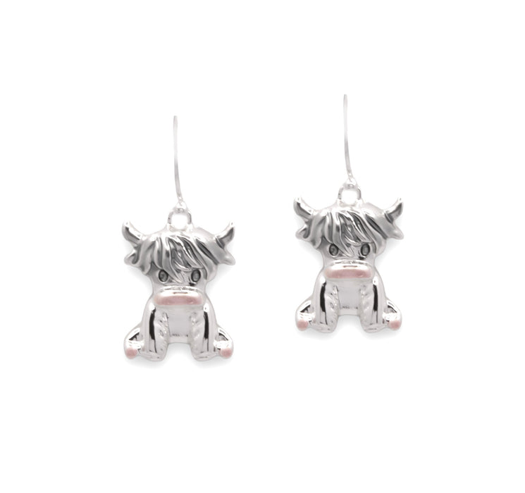 HC57 - Silver Coloured Rosie the Long Horn Highland Cow Drop Earrings, Rhodium Plated