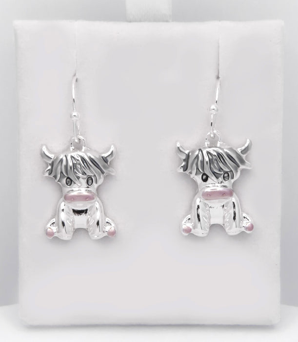 HC57 - Silver Coloured Rosie the Long Horn Highland Cow Drop Earrings, Rhodium Plated