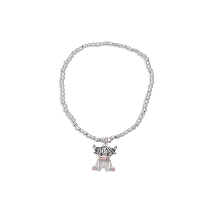 HC58 - Stretch Charm Bracelet with Silver Coloured Beads and Rosie Highland Cow Charm