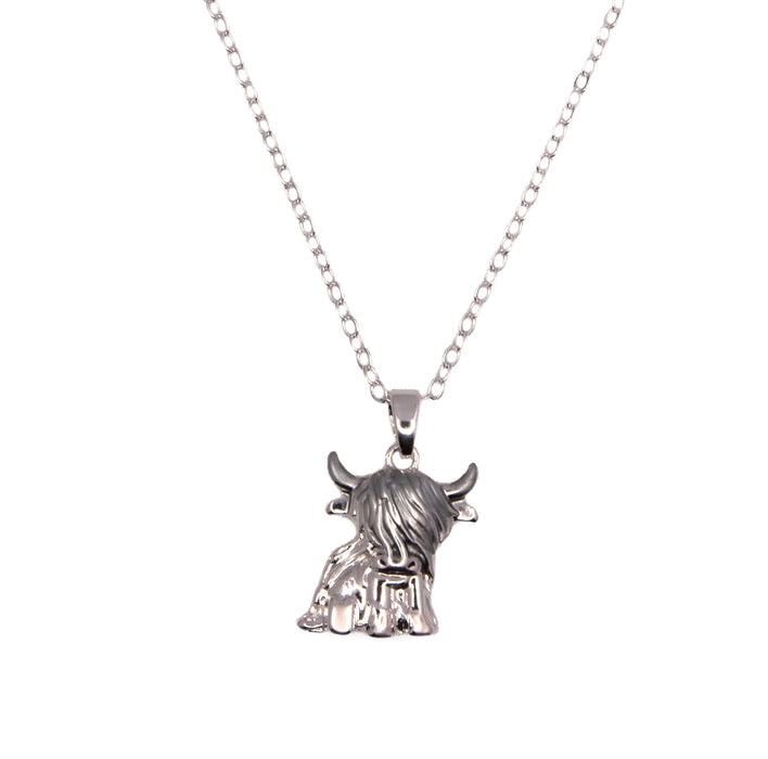 HC59 - Silver Coloured Twyla the Long Horn Highland Cow Necklace with a choice of chains