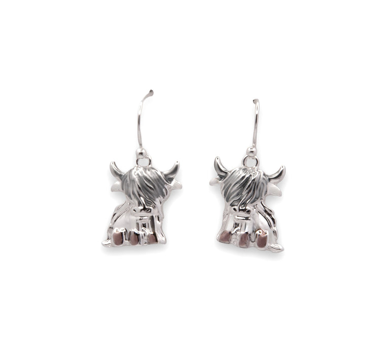 HC60 - Silver Coloured Twyla the Long Horn Highland Cow Drop Earrings, Rhodium Plated