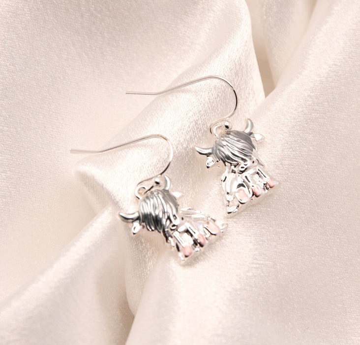 HC60 - Silver Coloured Twyla the Long Horn Highland Cow Drop Earrings, Rhodium Plated