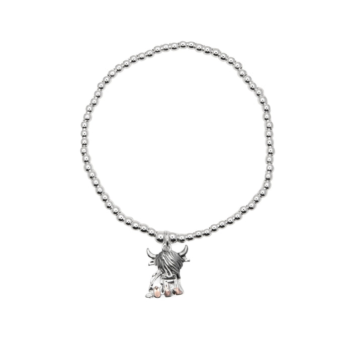 HC61 - Stretch Charm Bracelet with Silver Coloured Beads and Twyla Highland Cow Charm
