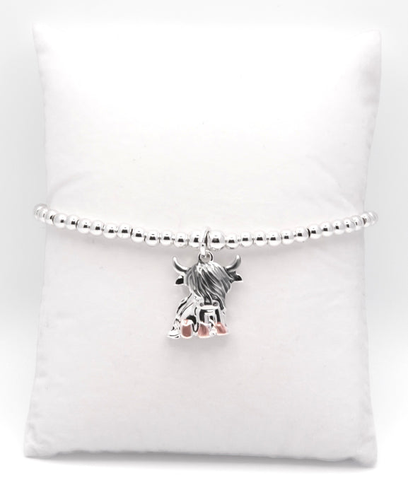 HC61 - Stretch Charm Bracelet with Silver Coloured Beads and Twyla Highland Cow Charm