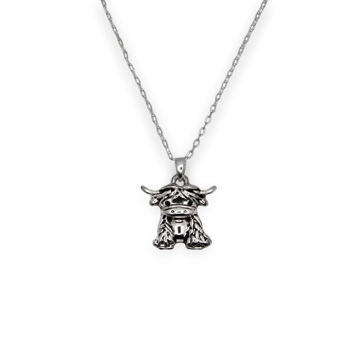 HC62 - Silver Coloured Maisie the Long Horn Highland Cow Necklace with a choice of chains