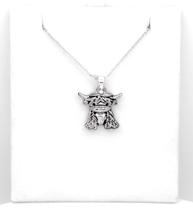 HC62 - Silver Coloured Maisie the Long Horn Highland Cow Necklace with a choice of chains