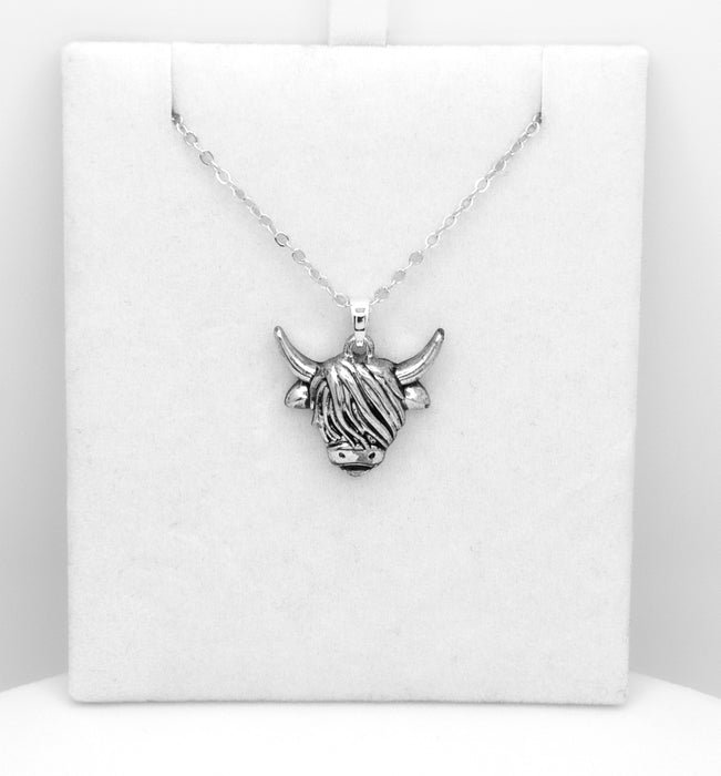 HC65 - Silver Coloured Aileen Long Horn Highland Cow Necklace with a choice of chains