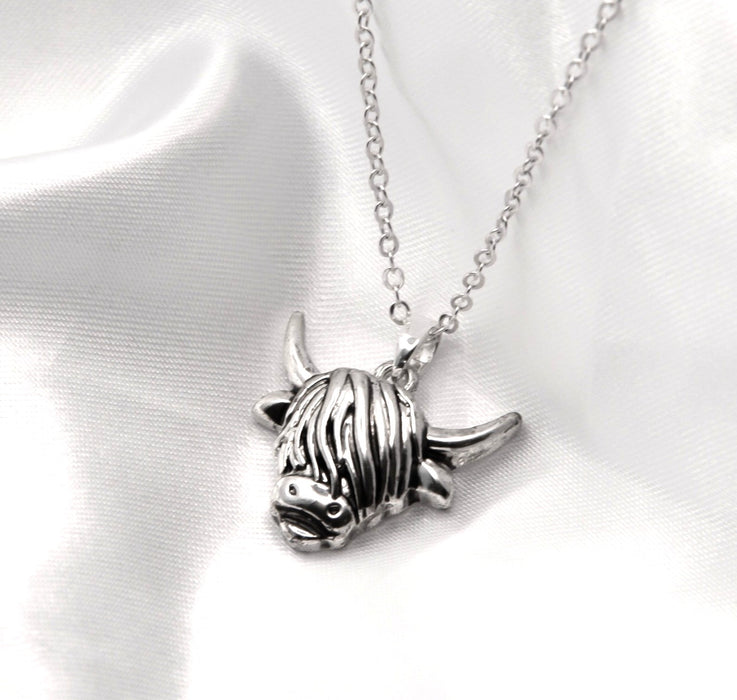 HC65 - Silver Coloured Aileen Long Horn Highland Cow Necklace with a choice of chains