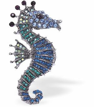 Sparkly, Beautiful Seahorse Brooch
&nbsp;in Blues and Greens
58mm in size&nbsp;
Hypoallergenic: Nickel, Lead and Cadmium Free
Delivered in a soft, black, velveteen pouch