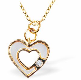 Dainty Hollow Heart Necklace in White with Crystal Dots
Hypoallergenic: Nickel, Lead and Cadmium Free
12mm in size
Colour: White and Golden Coloured
Chain:&nbsp;Rhodium Plated, 18"&nbsp;
Delivered in a soft, black, velveteen pouch