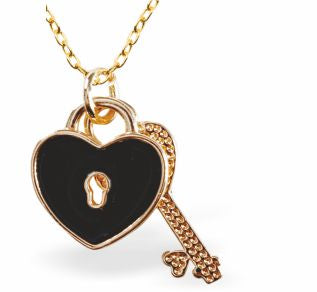 Dainty Heart "Key to my Heart" Necklace
Black and Golden Coloured with Golden Key
Hypoallergenic: Nickel, Lead and Cadmium Free
18mm in size
Colour:&nbsp;Golden and Black
Chain:&nbsp;Rhodium Plated, 18"&nbsp;
Delivered in a soft, black, velveteen pouch