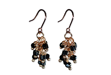 LB31 - Multi-beaded Black Drop Earrings, Gold Coloured Fish-hooks Rhodium Plated