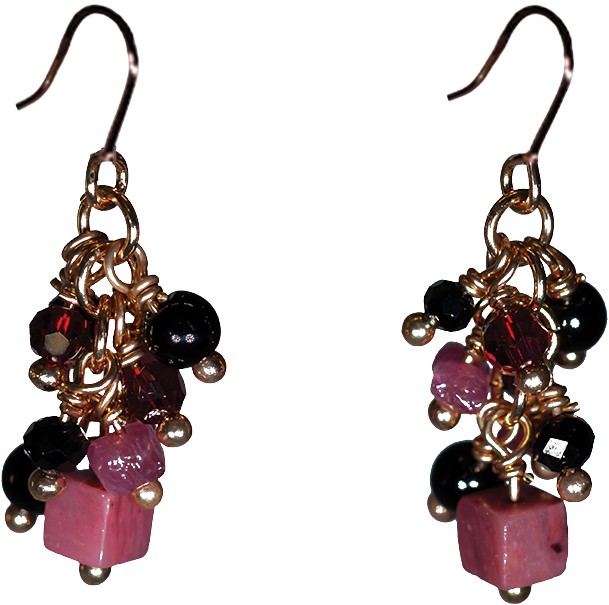 LB33 - Multi-beaded Black, Burgundy and Purple Drop Earrings, Gold Coloured Fish-hooks Rhodium Plated
