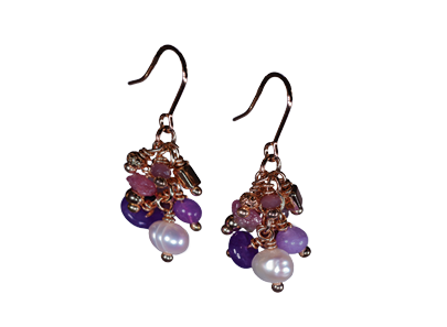 LB35 - Multi-beaded Pearl, Burgundy and Purple Drop Earrings, Gold Coloured Fish-hooks Rhodium Plated