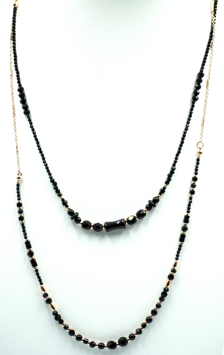 LB36 - Long Mixed Double Chain Beaded Necklace, Gold Plated with Black Beads