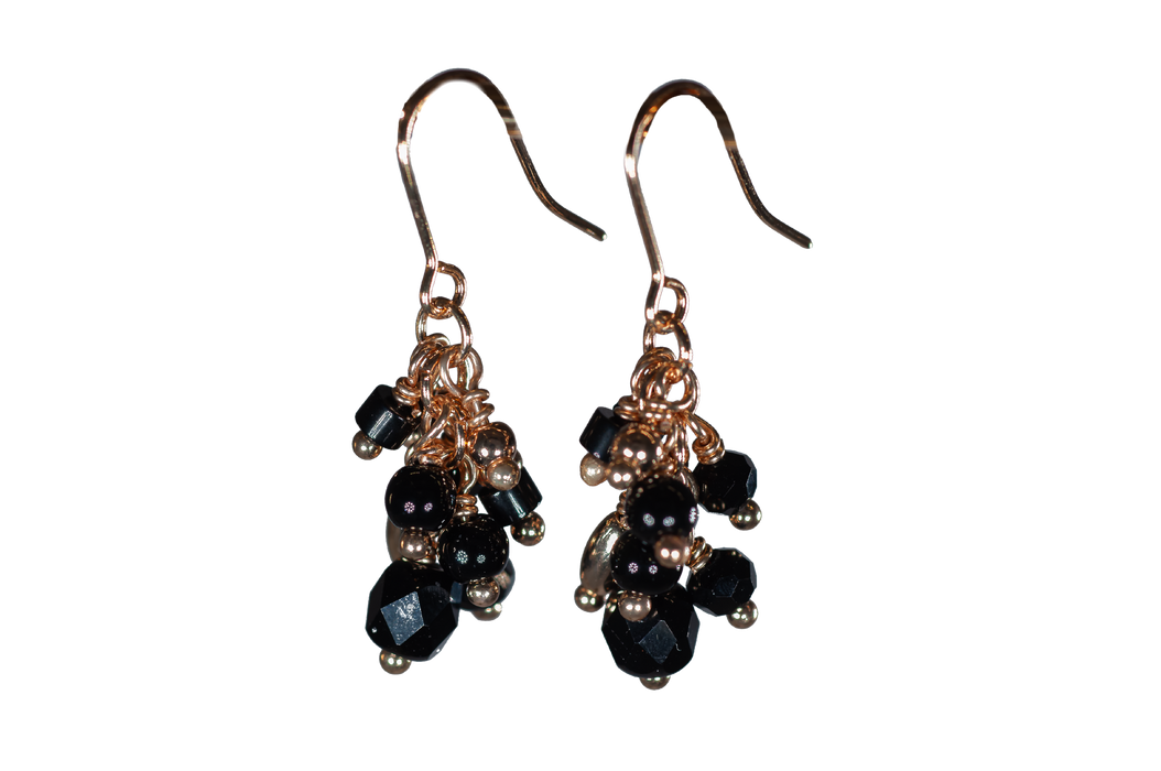 LB37 - Multi-beaded Black Drop Earrings, Gold Coloured Fish-hooks Rhodium Plated