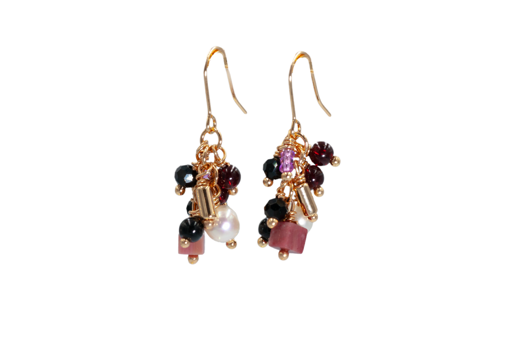 LB39 - Multi-beaded Black, Pearl and Purple Drop Earrings, Gold Coloured Fish-hooks Rhodium Plated