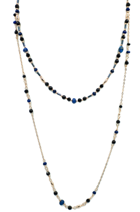 LB40 - Long Mixed Double Chain Beaded Necklace, Gold Plated with Navy Blue and Black Beads