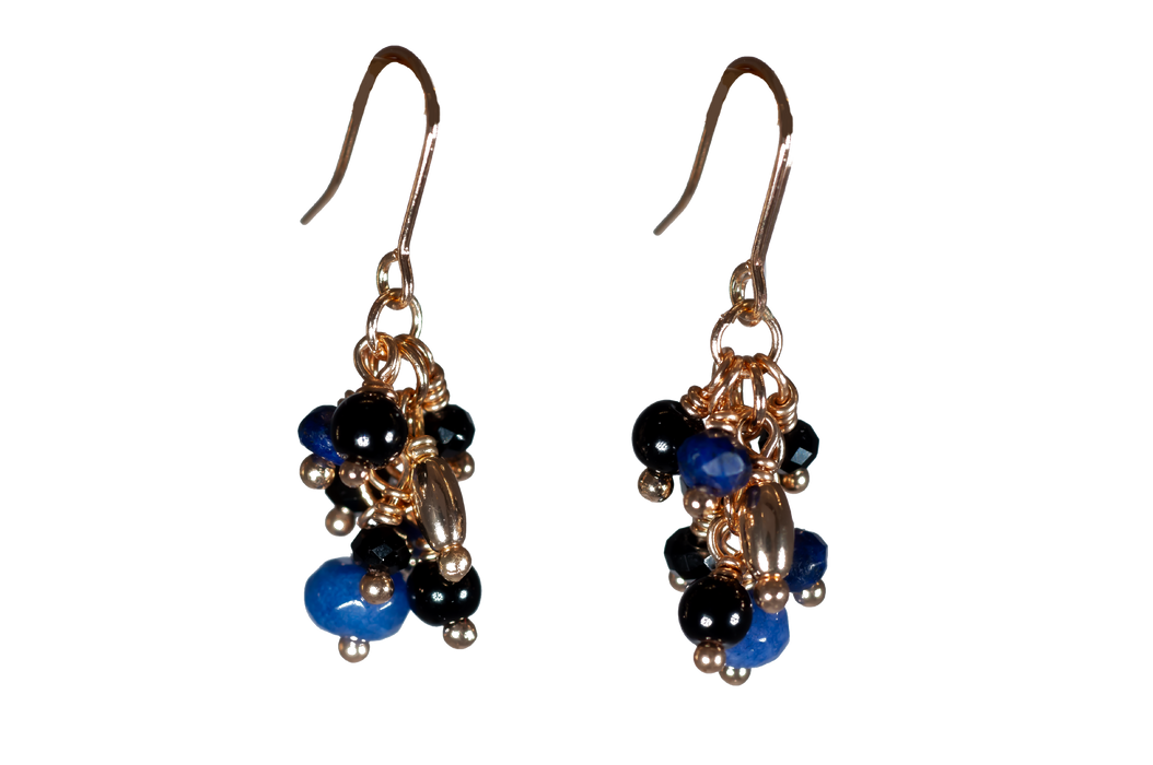 LB41 - Multi-beaded Blue and Black  Drop Earrings, Gold Coloured Fish-hooks Rhodium Plated
