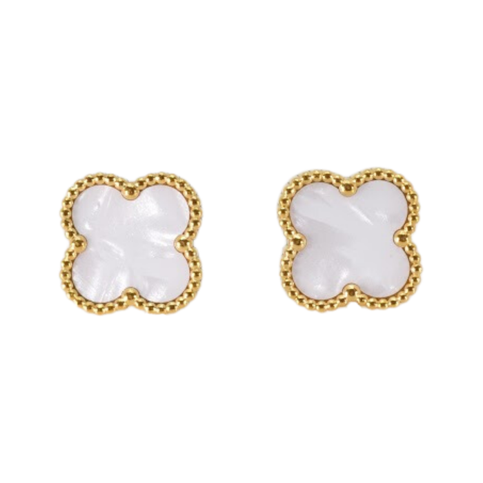 MP03 - White Four Leaf Clover Stud Earrings, 18K Gold Plated